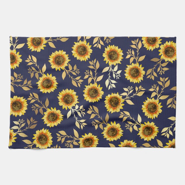 Paño De Cocina Sunny Yellow Gold Navy Sunflowers deja el patrón (Horizontal)