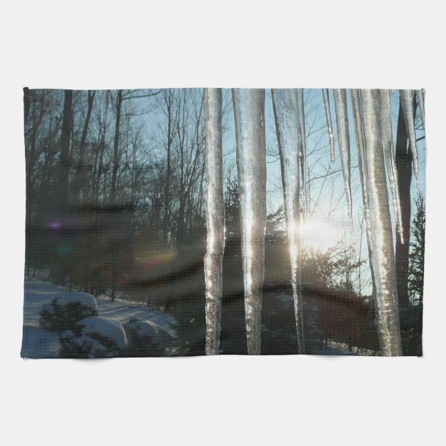 Paño De Cocina Sunrise Through Icicles Winter Nature Photography (Horizontal)