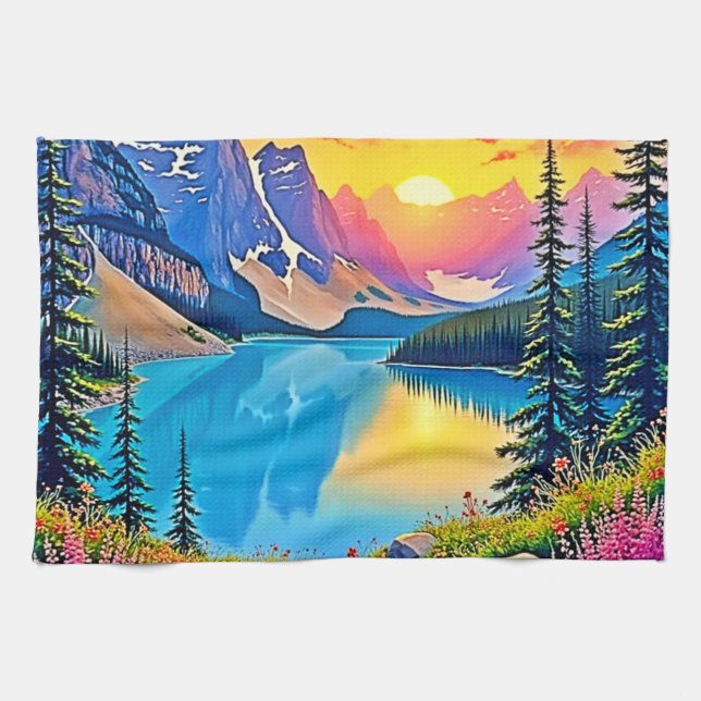 Paño De Cocina Sunset Mountain Lake Majesty Art (Horizontal)