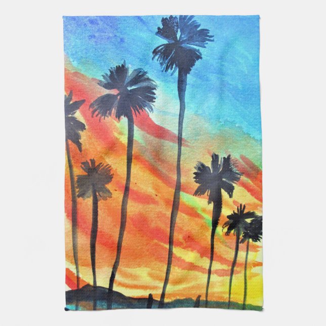 Paño De Cocina Sunset Palm Tree beach surf art (Vertical)