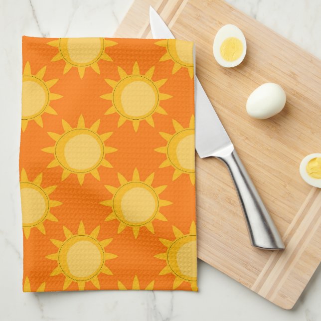 Paño De Cocina Sunshine Sun Pattern Design On Orange  (Doblado Cuarto)