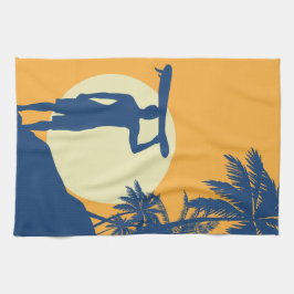 Paño De Cocina Surfista, palmera, acantilado, sol, surfista, coci