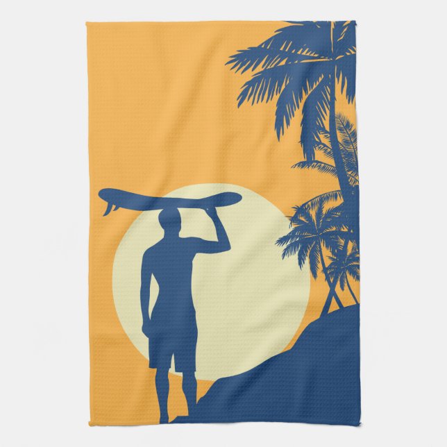 Paño De Cocina Surfista, palmera, acantilado, sol, surfista, coci (Vertical)