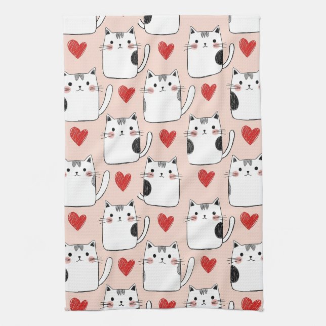 Paño De Cocina Sweet Pink Kawaii Cats & Hearts Pattern (5) (Vertical)