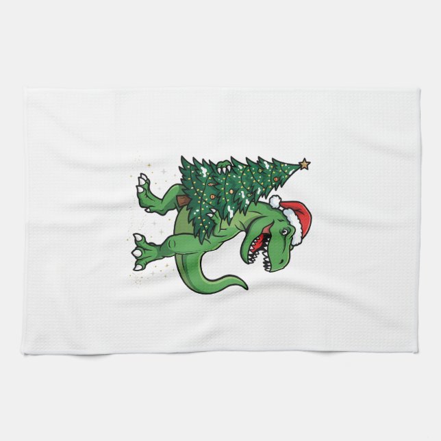 Paño De Cocina T-Rex de Navidad llevando árbol de Navidad (Horizontal)