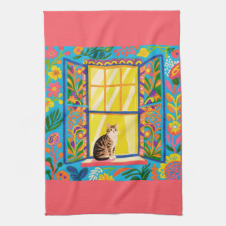 Paño De Cocina Tabby Cat at Sunny Window T Towel | Colorful Flora