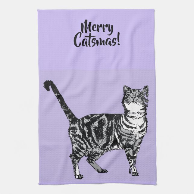 Paño De Cocina Tabby Cat Merry Christmas Purple Lavender Pastel (Vertical)