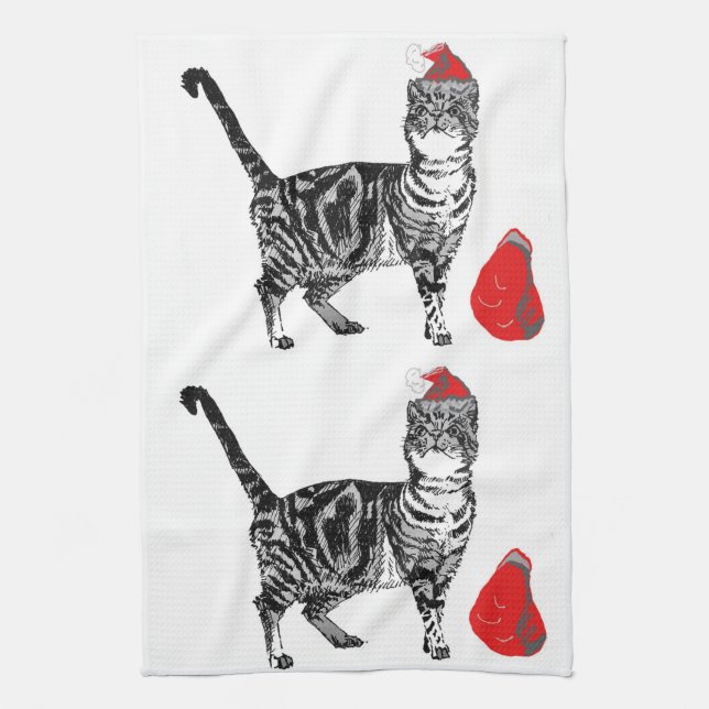Paño De Cocina Tabby Cat Navidades Guay Gato Blanco Rojo (Vertical)
