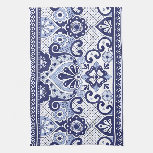 Paño De Cocina Talavera mexicana azul y blanca (Vertical)