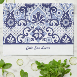 Paño De Cocina Talavera mexicana personalizada en azul y blanco