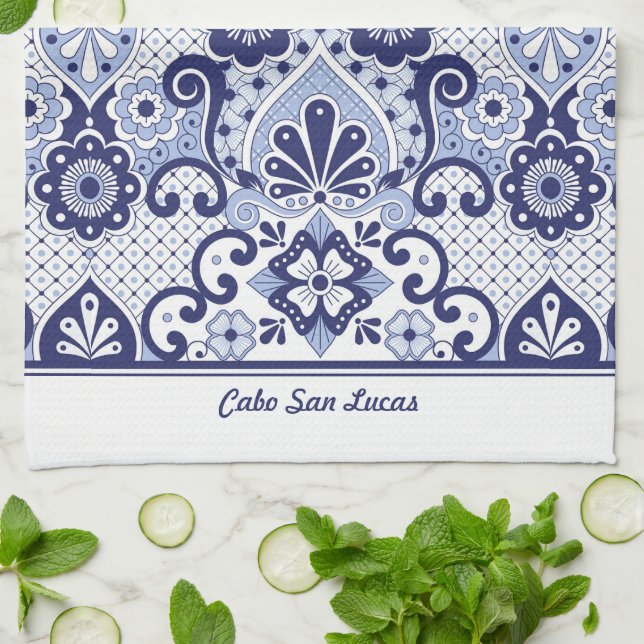 Paño De Cocina Talavera mexicana personalizada en azul y blanco (Doblado)