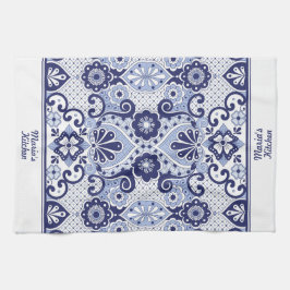 Paño De Cocina Talavera mexicana personalizada en azul y blanco