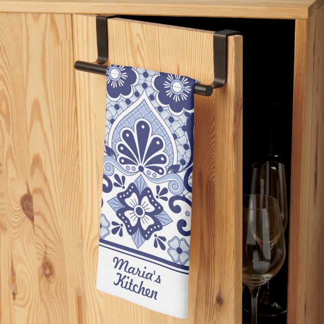 Paño De Cocina Talavera mexicana personalizada en azul y blanco (Pliegue de tercios)