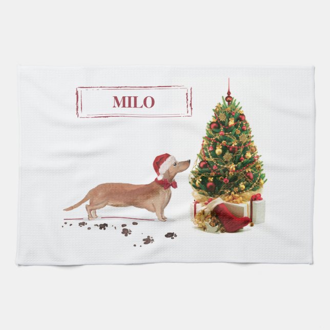 Paño De Cocina Tan Dachshund graciosos Navidades perro con árbol (Horizontal)