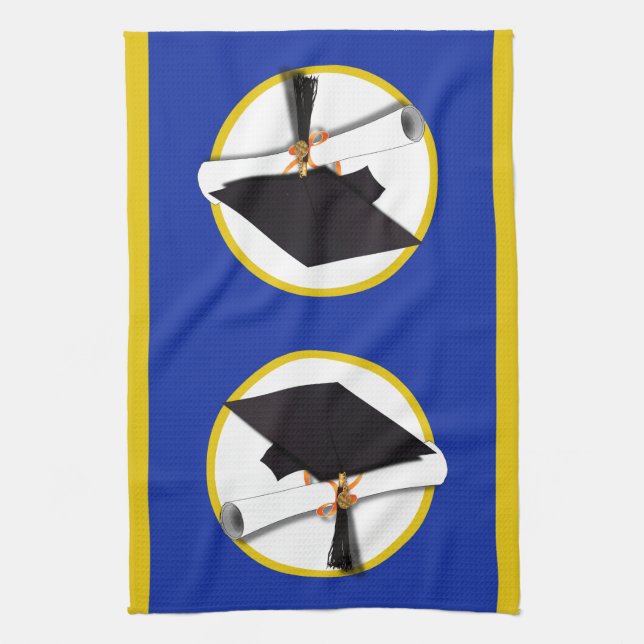 Paño De Cocina Tapón de graduación con Diploma - Fondo azul oscur (Vertical)