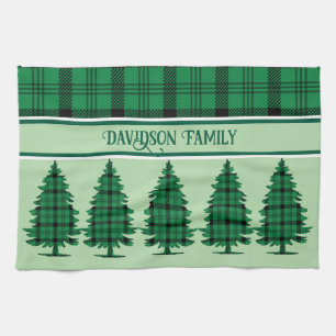 Paño De Cocina Tartán Pine Trees verde negro y acogedor