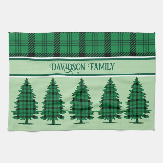 Paño De Cocina Tartán Pine Trees verde negro y acogedor (Horizontal)