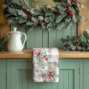 Paño De Cocina Tartan Plaid Floral de Navidad   