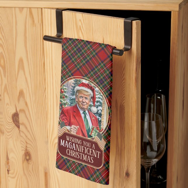 Paño De Cocina Tartan Plaid Santa Trump, Navidades de MAGA (Pliegue de tercios)