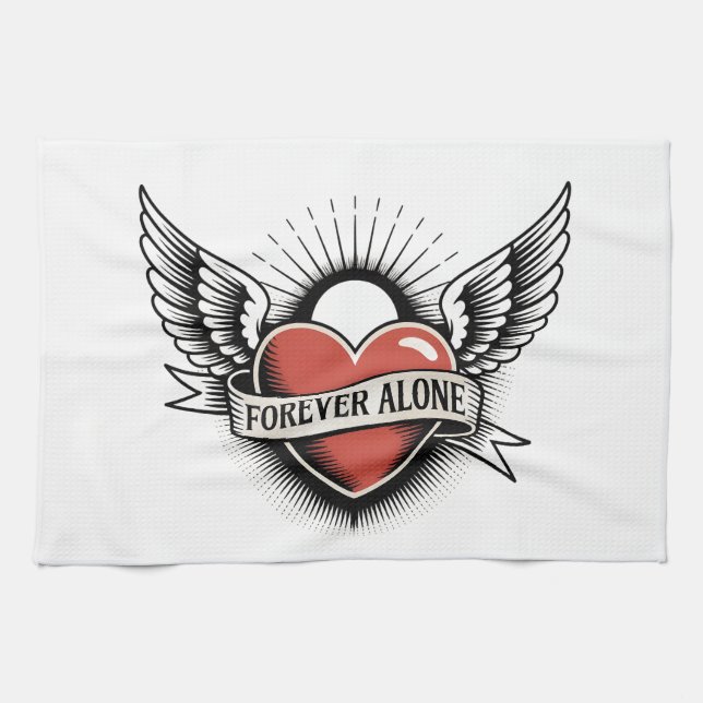 Paño De Cocina Tattoo Art: Winged Heart with "Forever Alone" (Horizontal)