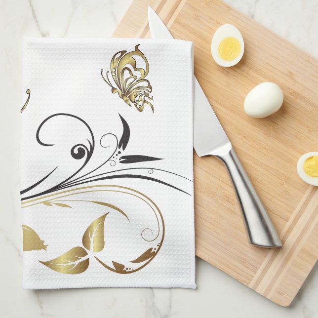 Paño De Cocina Tatuaje de mariposa dorada de arte americano MoJo  (Doblado Cuarto)