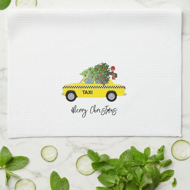 Paño De Cocina Taxi Cab Merry Navidad Árbol Decoración de vacacio (Doblado)