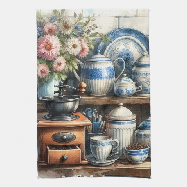 Paño De Cocina Taza de café antigua con plato azul  (Vertical)