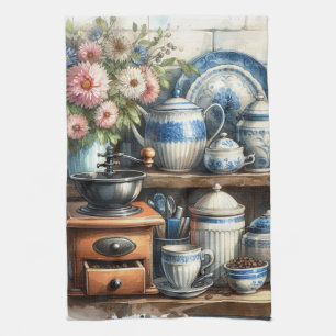 Paño De Cocina Taza de café antigua pote plato azul