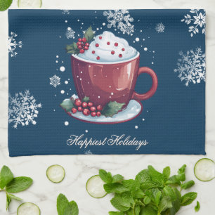 Paño De Cocina Taza de Chocolate Caliente de Navidad   Azul