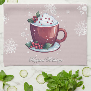 Paño De Cocina Taza de Chocolate Caliente de Navidad   Rosa Claro
