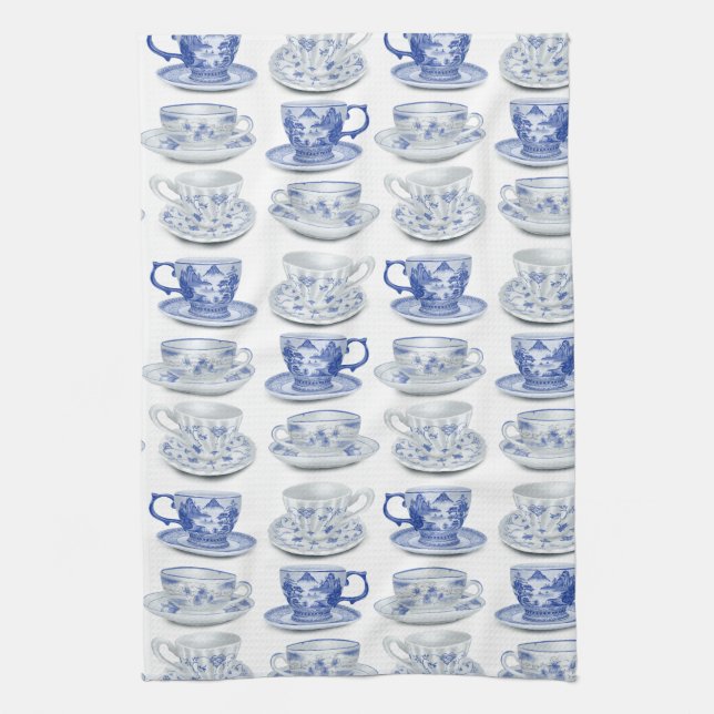 Paño De Cocina Taza de té azul y blanca (Vertical)