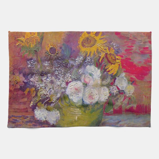 Paño De Cocina Tazón con girasoles y Rosas por Vincent van Gogh (Horizontal)