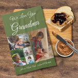 Paño De Cocina Te Ama Abuela | Elegante Olive Green 5 Photo<br><div class="desc">Elegante toalla de cocina de color de 5 fotos con personalizable nos encanta la tipografía de escritura de la abuela y personalizada con nombres de nietos en el fondo verde oliva de personalizable.</div>