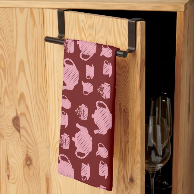 Paño De Cocina Té de Punto de Polka Rosa en Borgoña (Pliegue de tercios)