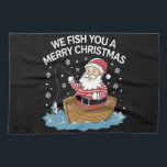 Paño De Cocina Te Pescaremos Un Pescadero Feliz Navidad<br><div class="desc">Te pescamos un pescador navideño pescando Papá Noel</div>