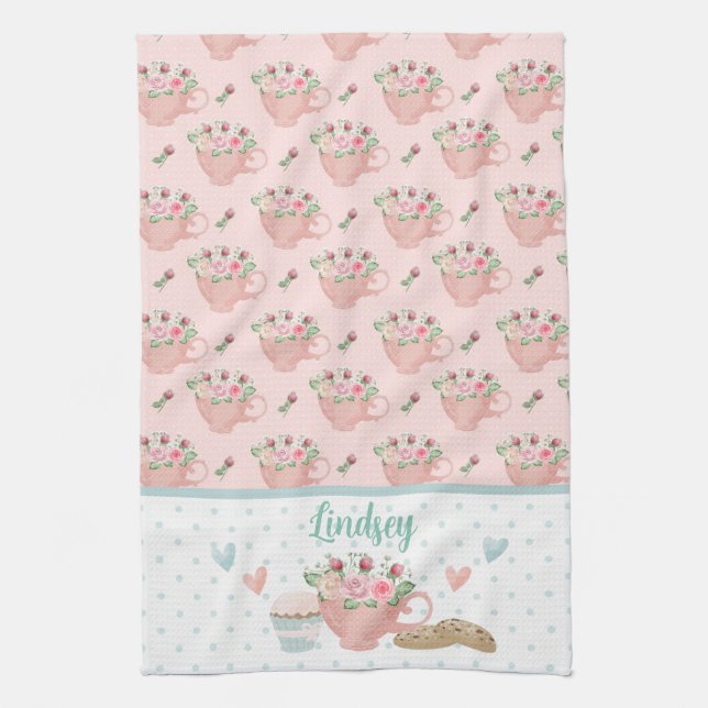 Paño De Cocina Té rosa y verde y pasteles personalizados (Vertical)