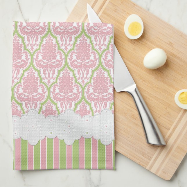 Paño De Cocina Té rosado y verde del damasco elegante lamentable (Doblado Cuarto)