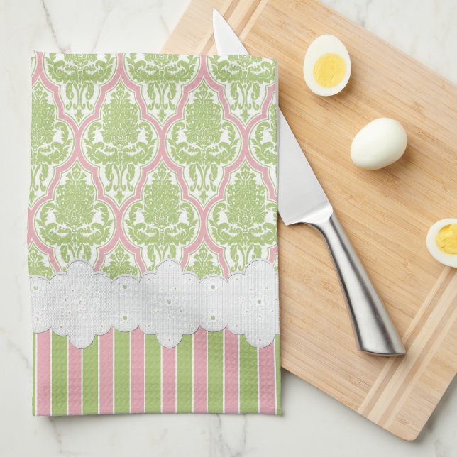 Paño De Cocina Té verde y rosado del damasco elegante lamentable (Doblado Cuarto)
