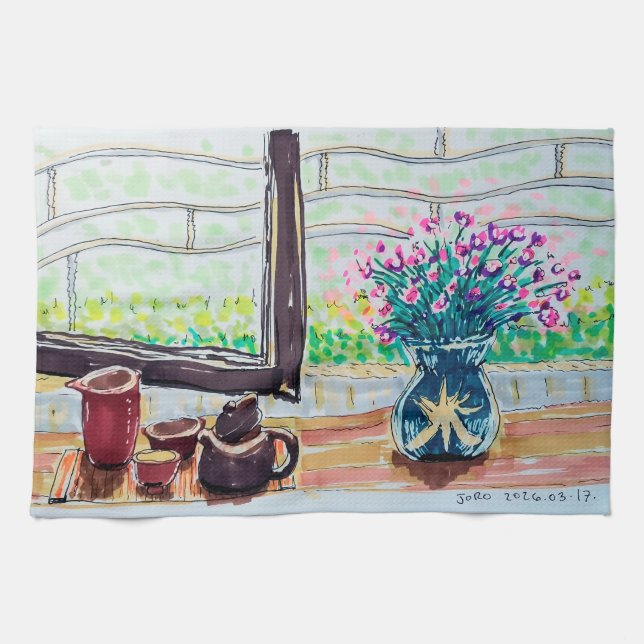 Paño De Cocina Té y Flores de la Ventana (Horizontal)