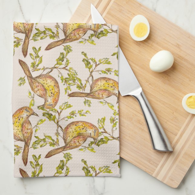 Paño De Cocina Tea Towel With Hand-Painted Birds on Branches (Doblado Cuarto)