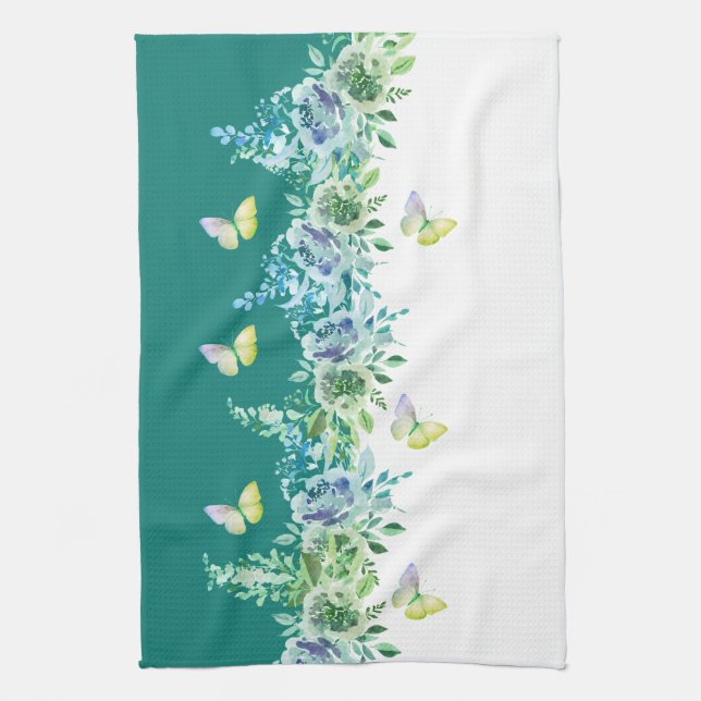 Paño De Cocina Teal Green Botanical Butterflies Kitchen Towel (Vertical)