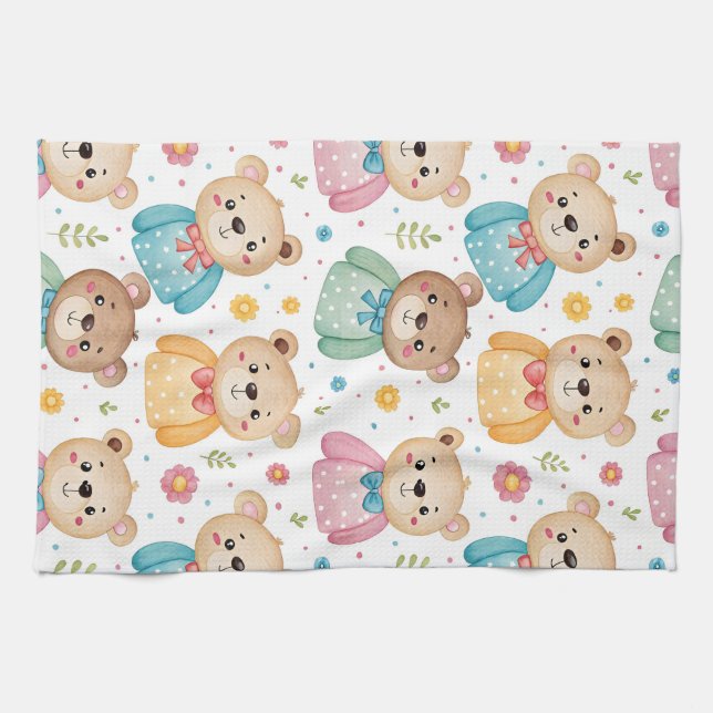 Paño De Cocina Teddy bear and flowers (Horizontal)