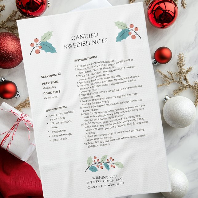 Paño De Cocina Tela de cocina de receta navideña de nueces suecas (Wishing You a Tasty Christmas Candied Swedish Nuts Holiday Recipe Kitchen Towel)