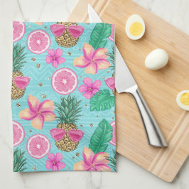 PAÑO DE COCINA TEMA DE LA PLAYA DE VERANO TROPICAL ROSA Y VERDE
