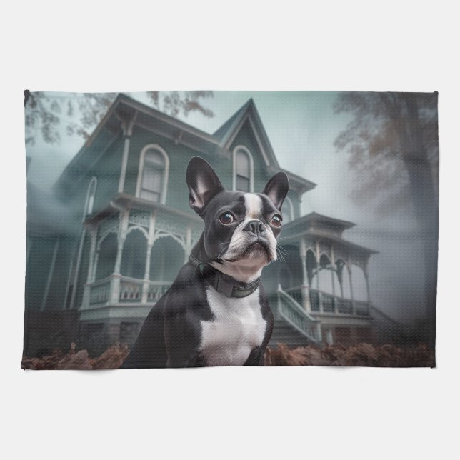 Paño De Cocina Temeroso susto de Halloween en Boston Terrier (Horizontal)