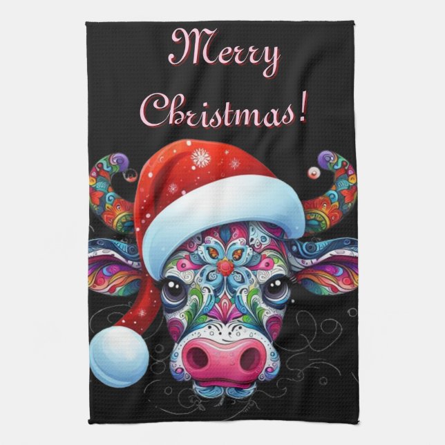 Paño De Cocina Temporada mexicana de Cow Bull Santa Hat (Vertical)