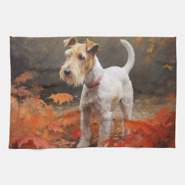 Paño De Cocina Terrier Wirefox en hojas de otoño Inspira  (Horizontal)