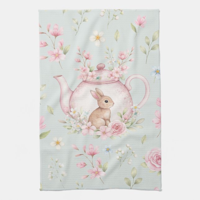 Paño De Cocina Tetera caprichosa de conejito Floral Primavera  (Vertical)