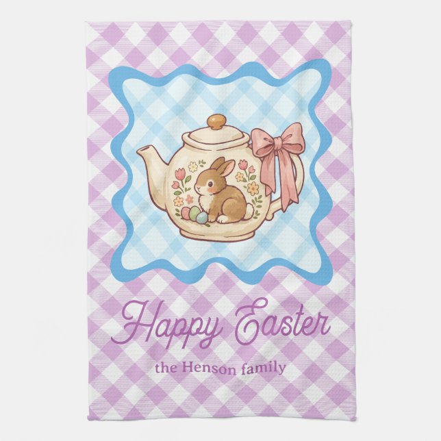 Paño De Cocina Tetera conejito de Pascua a cuadros  (Vertical)