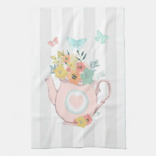Paño De Cocina Tetera rosa con flores y mariposas